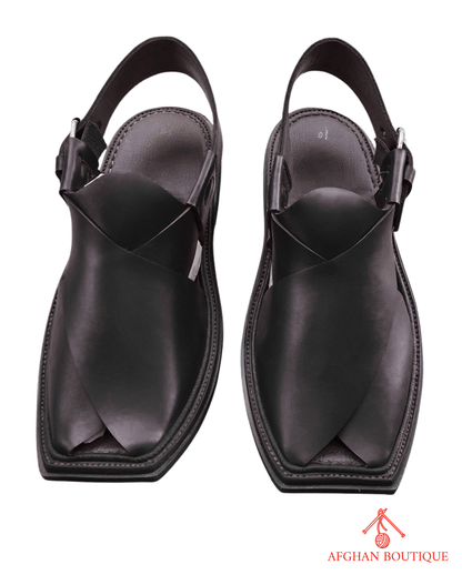 Black leather Afghani men’s shoes – premium handmade Peshawari style front view

