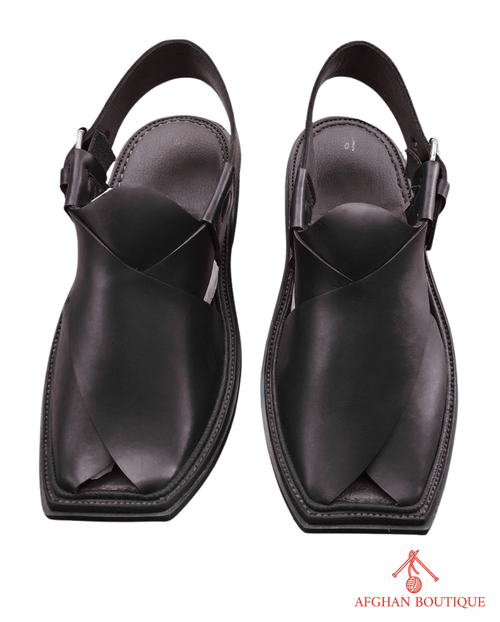 Black leather Afghani men’s shoes – premium handmade Peshawari style front view
