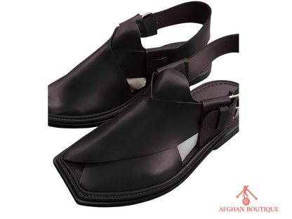 Black leather Afghani men’s shoes – authentic Afghan design left side view