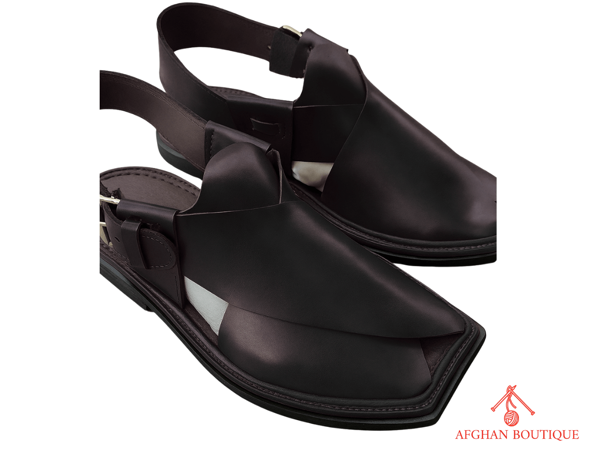 Black leather Afghani men’s shoes – durable traditional footwear right angle view
