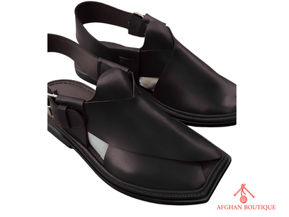 Black leather Afghani men’s shoes – durable traditional footwear right angle view
