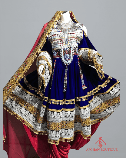 Front view of blue Afghani frock with classic ethnic embroidery
