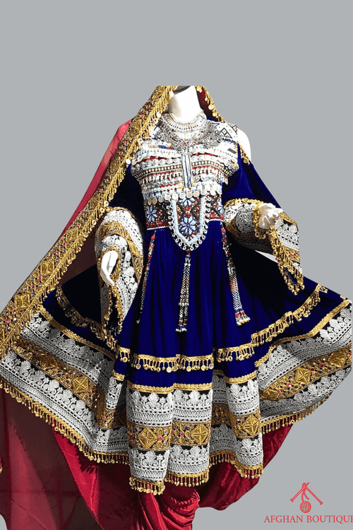 Blue Afghani Salwar Frock for Women – Golden Embroidered Statement Dress - Afghan.boutique.us