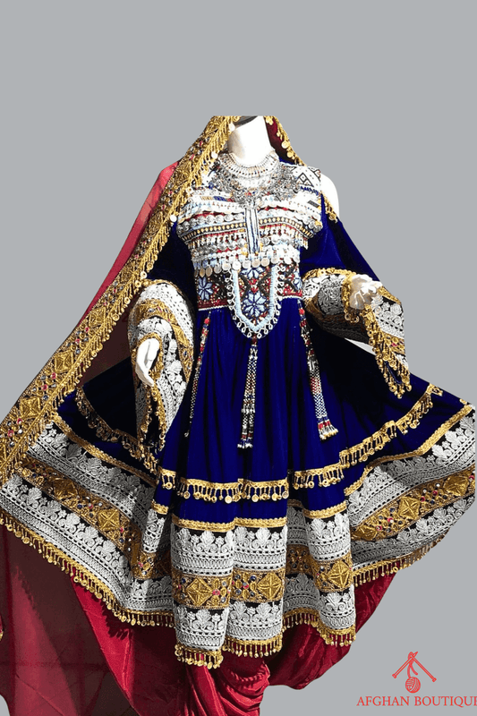Blue Afghani Salwar Frock for Women – Golden Embroidered Statement Dress - Afghan.boutique.us