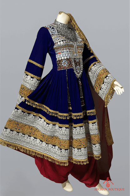 Blue Afghani Salwar Frock for Women – Golden Embroidered Statement Dress - Afghan.boutique.us