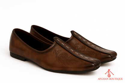Brown Leather Afghani Khussa for Men – Handcrafted Traditional Slip - On Shoes - Afghan.boutique.us