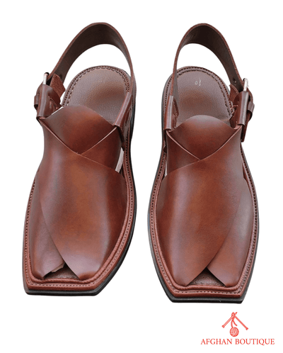 Brown leather Afghani men’s shoes – handcrafted traditional Peshawari design front view
