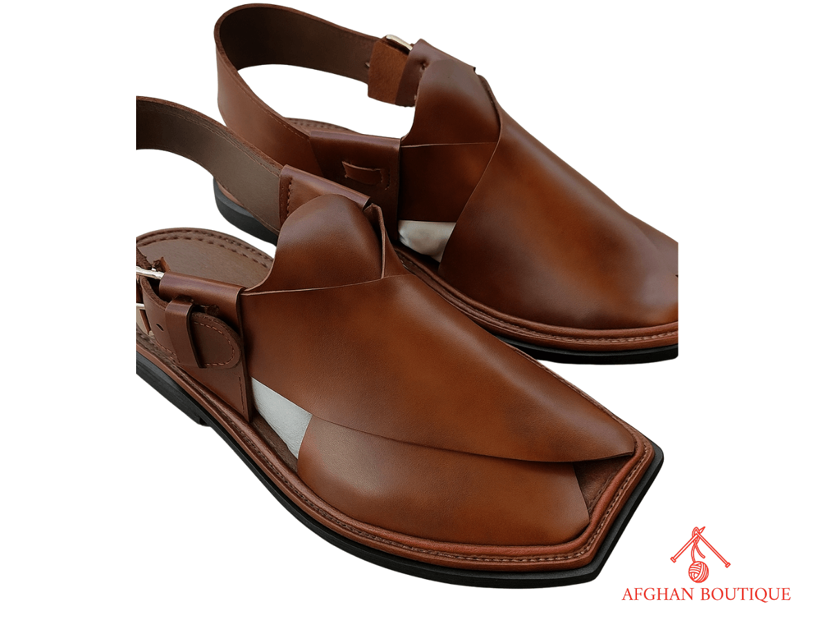 Brown leather Afghani men’s shoes – handmade ethnic footwear right angle view
