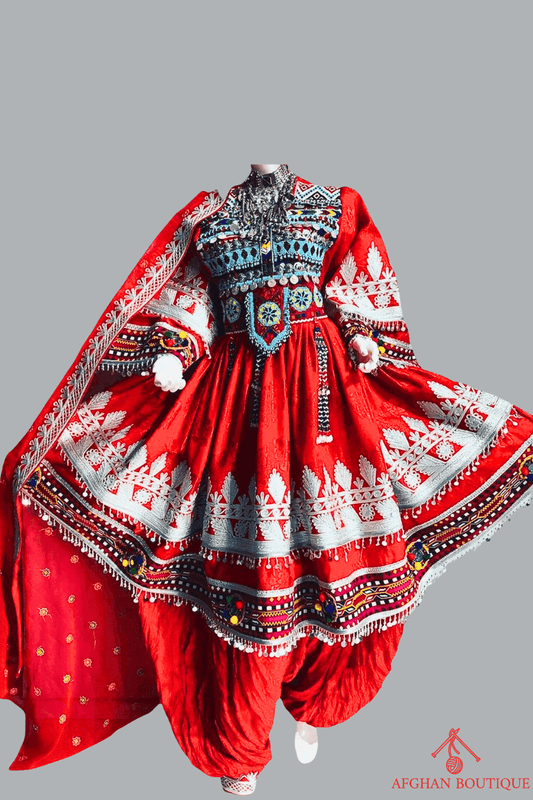 Classic Red Afghani Frock for Women – White Embroidered Traditional Dress - Afghan.boutique.us