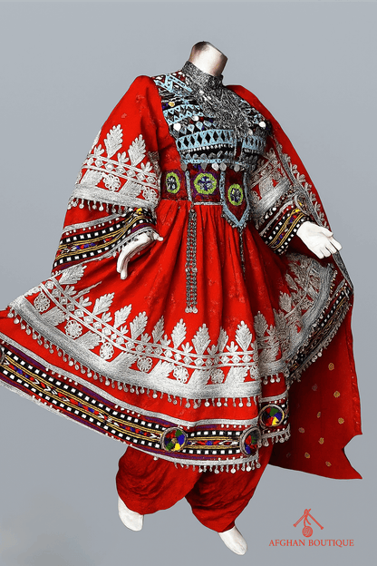 Classic Red Afghani Frock for Women – White Embroidered Traditional Dress - Afghan.boutique.us