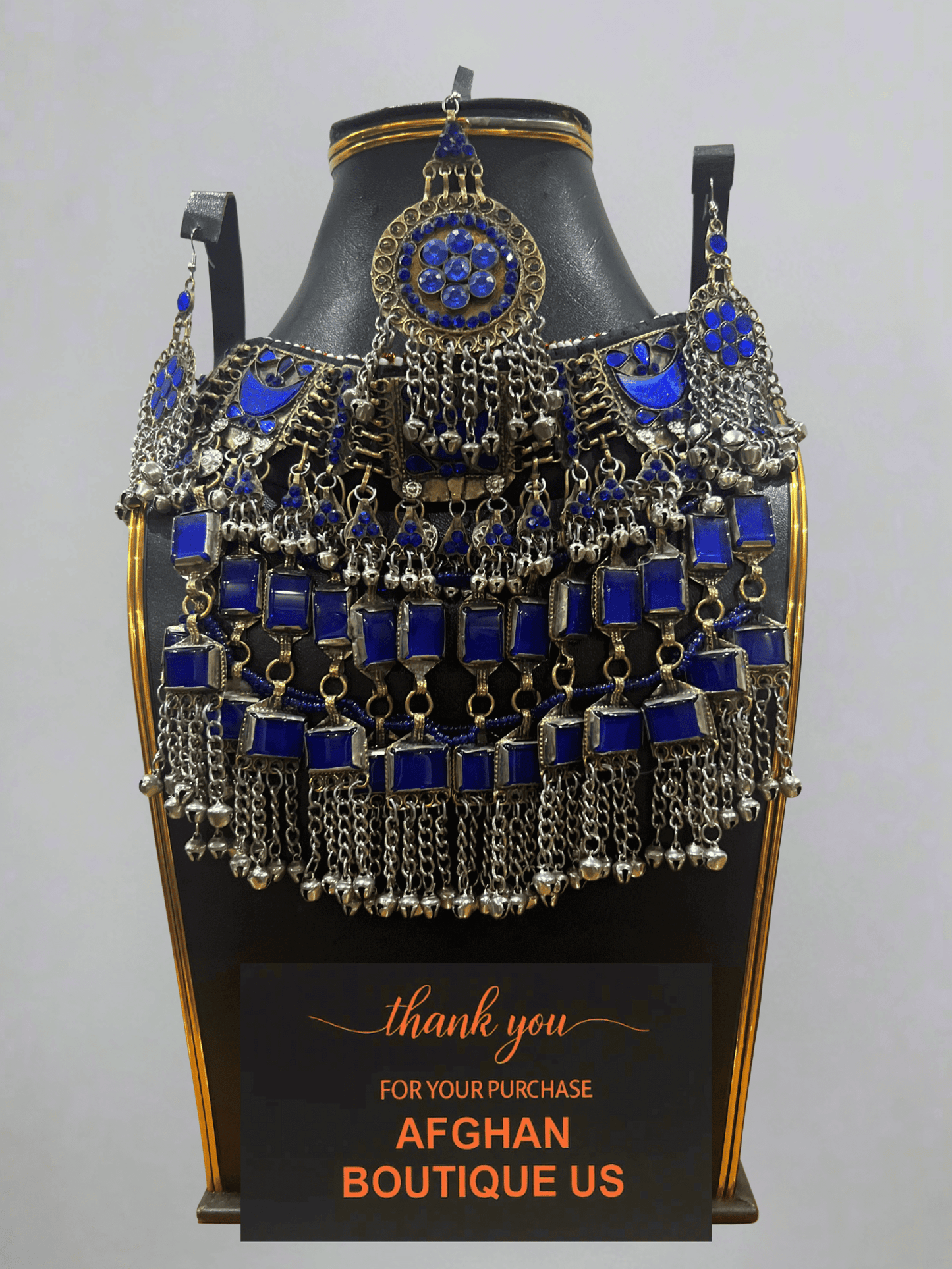 Dark Blue Afghani Jewelry Set for Women – Silver Highlight Necklace & Earrings - Afghan.boutique.us