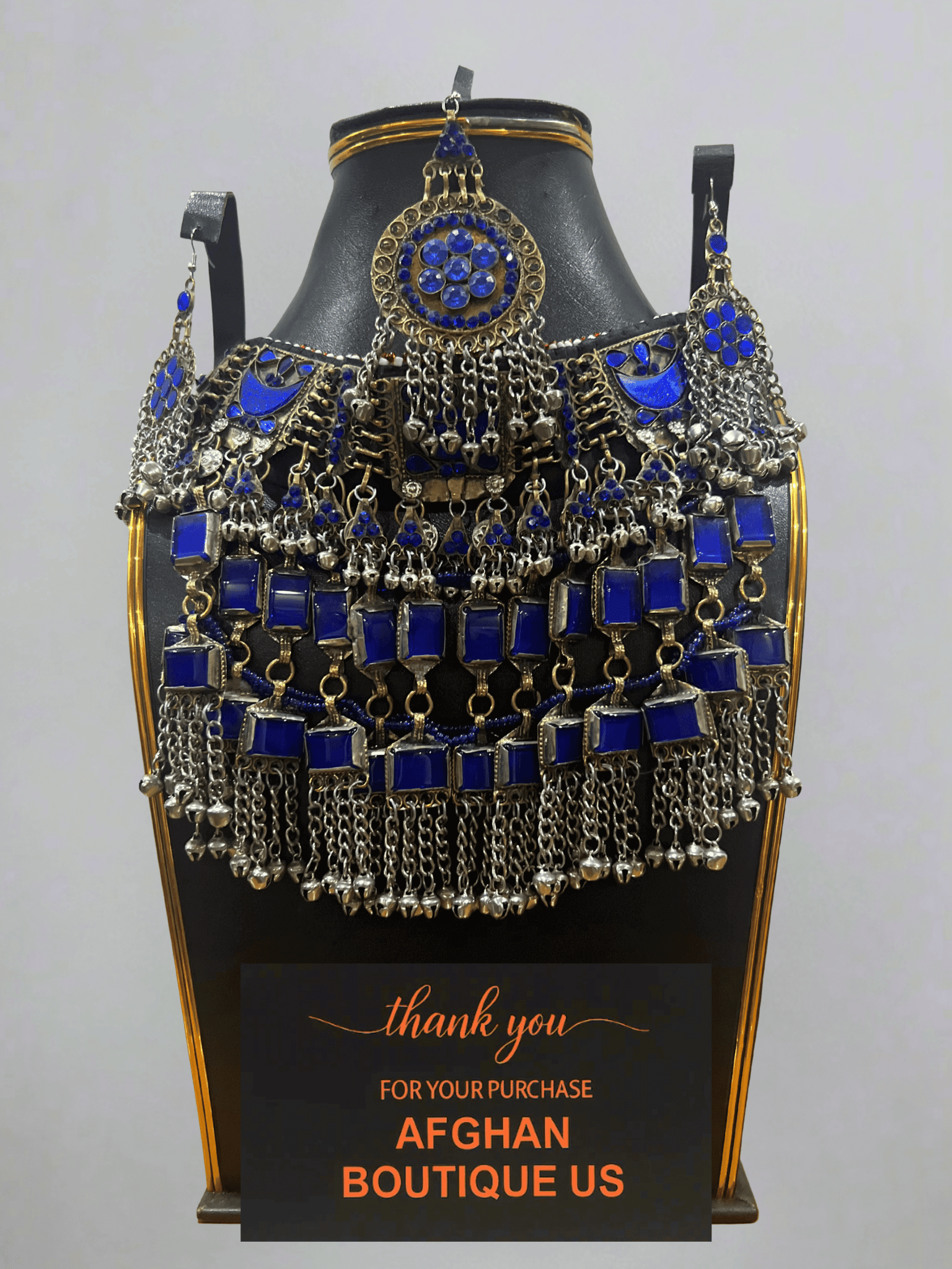 Dark Blue Afghani Jewelry Set for Women – Silver Highlight Necklace & Earrings - Afghan.boutique.us