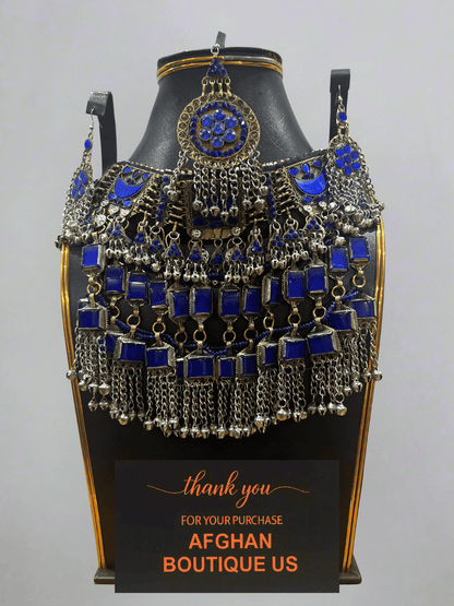 Dark Blue Afghani Jewelry Set for Women – Silver Highlight Necklace & Earrings - Afghan.boutique.us