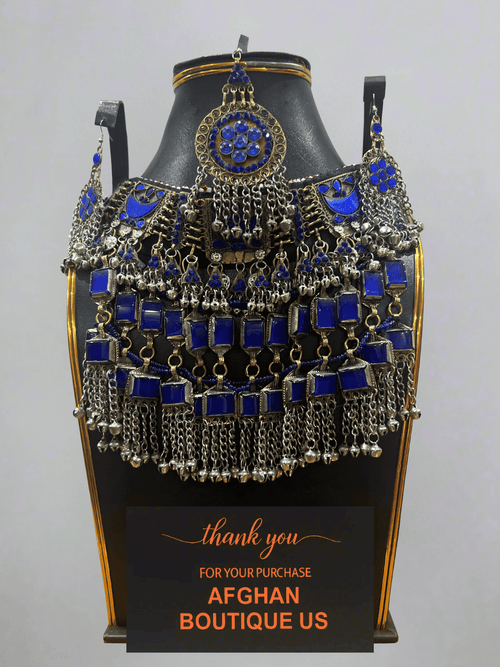 Dark Blue Afghani Jewelry Set for Women – Silver Highlight Necklace & Earrings - Afghan.boutique.us