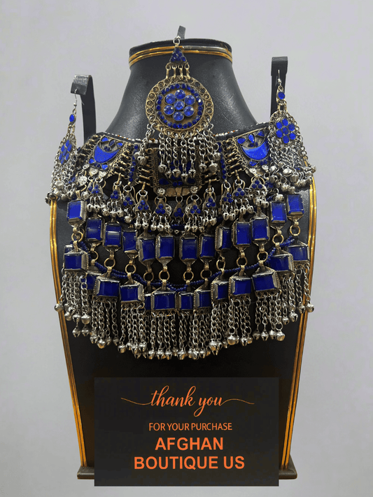 Dark Blue Afghani Jewelry Set for Women – Silver Highlight Necklace & Earrings - Afghan.boutique.us