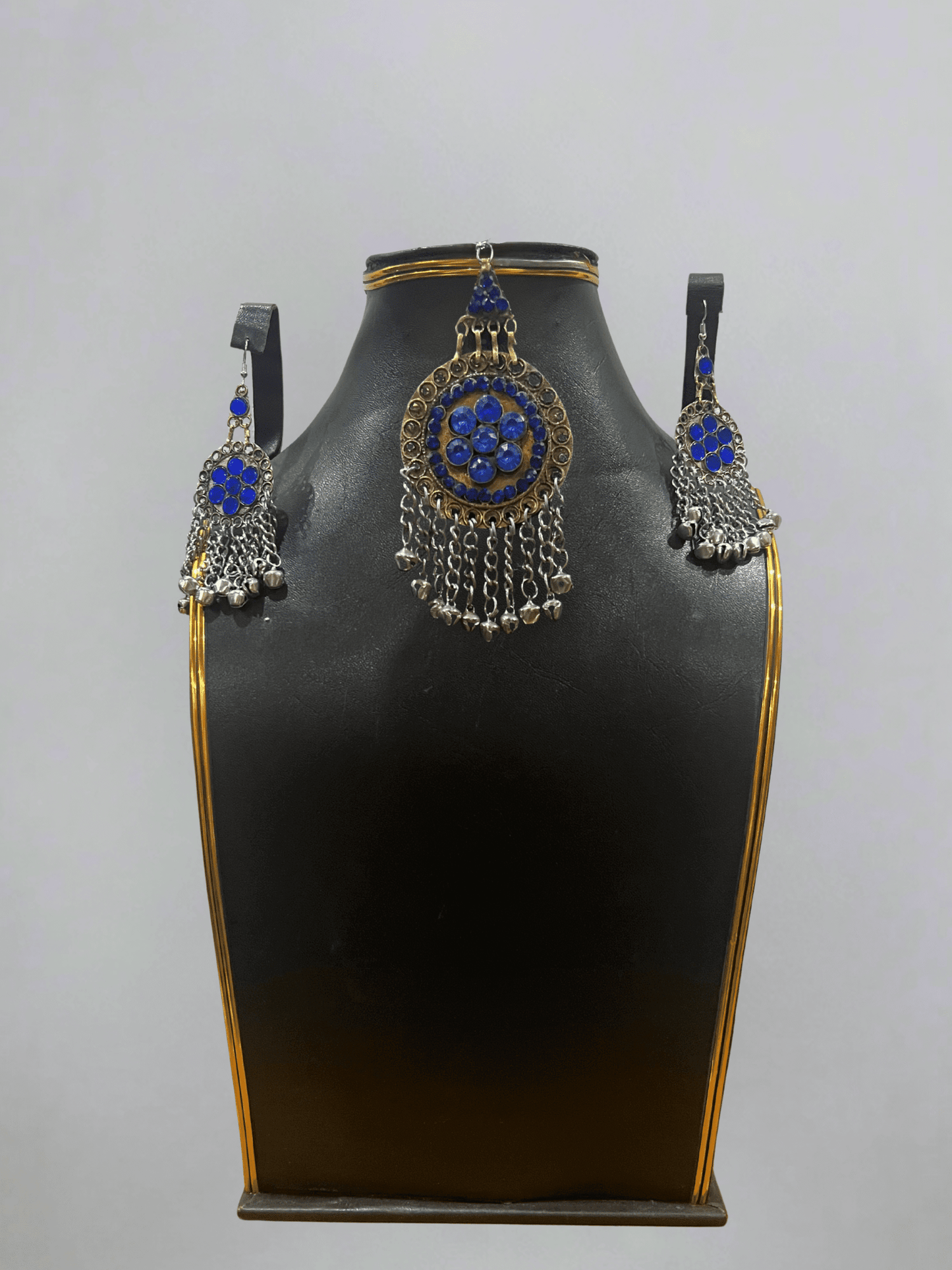 Dark Blue Afghani Jewelry Set for Women – Silver Highlight Necklace & Earrings - Afghan.boutique.us