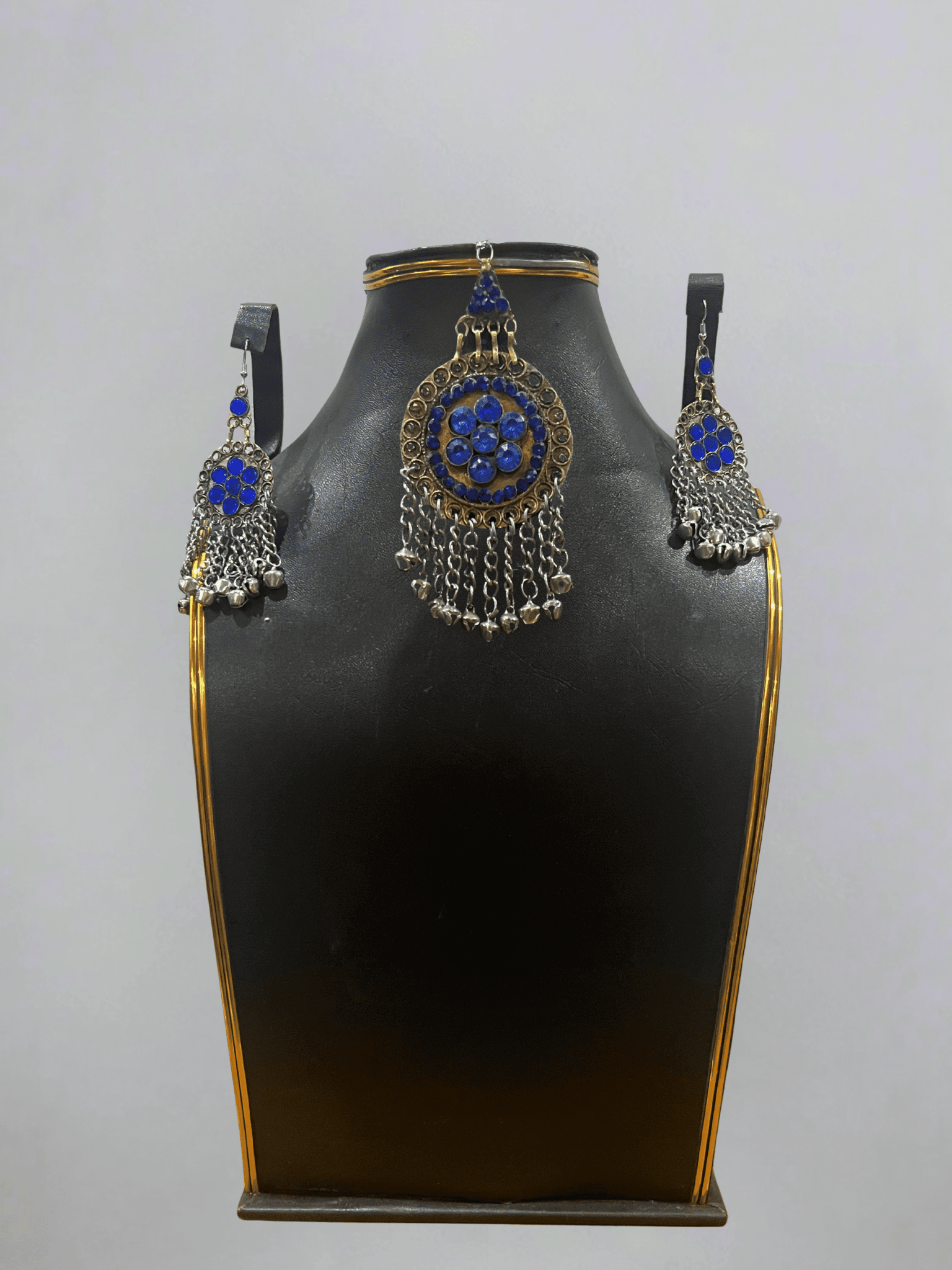 Dark Blue Afghani Jewelry Set for Women – Silver Highlight Necklace & Earrings - Afghan.boutique.us