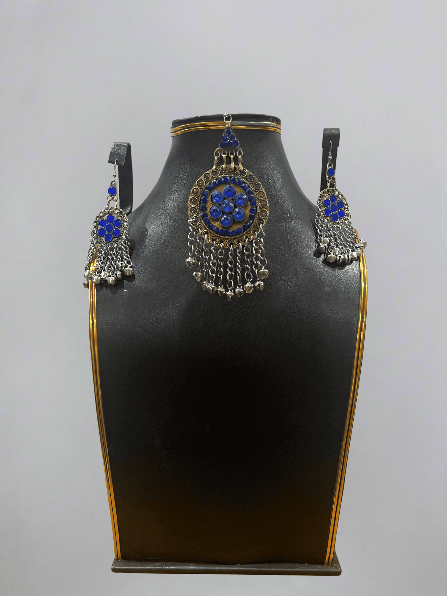 Dark blue handcrafted Afghani headpiece with earrings