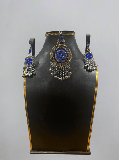 Dark blue handcrafted Afghani headpiece with earrings