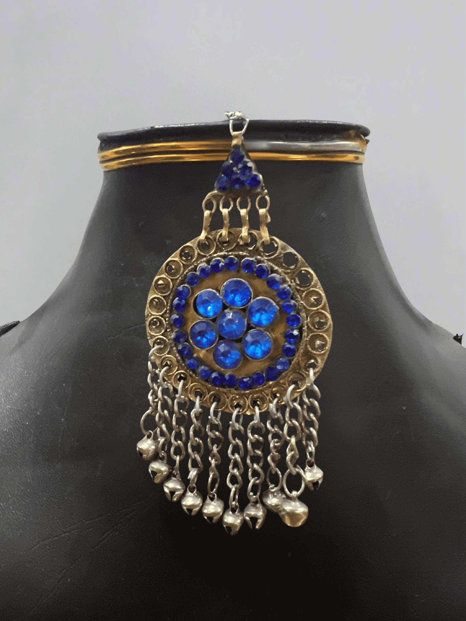 Dark blue handcrafted Afghani headpiece close-up