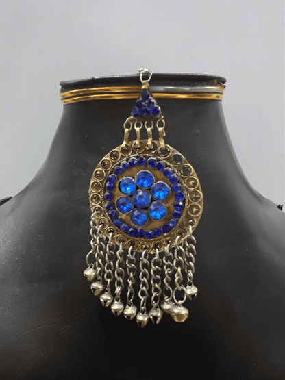 Dark blue handcrafted Afghani headpiece close-up