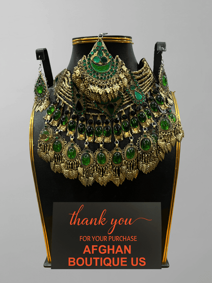 Deep Emerald Afghani Jewelry Set for Women – Gold Accented Necklace & Earrings - Afghan.boutique.us