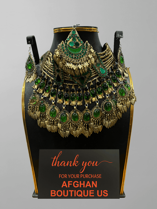 Deep Emerald Afghani Jewelry Set for Women – Gold Accented Necklace & Earrings - Afghan.boutique.us