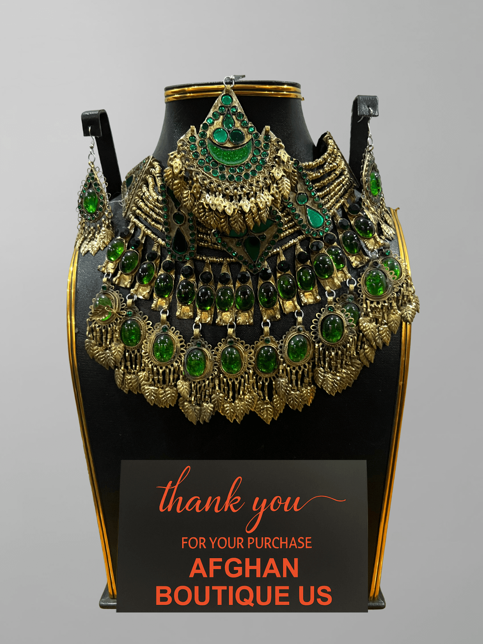 Deep emerald green handcrafted Afghani jewelry full set