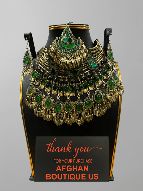 Deep emerald green handcrafted Afghani jewelry full set