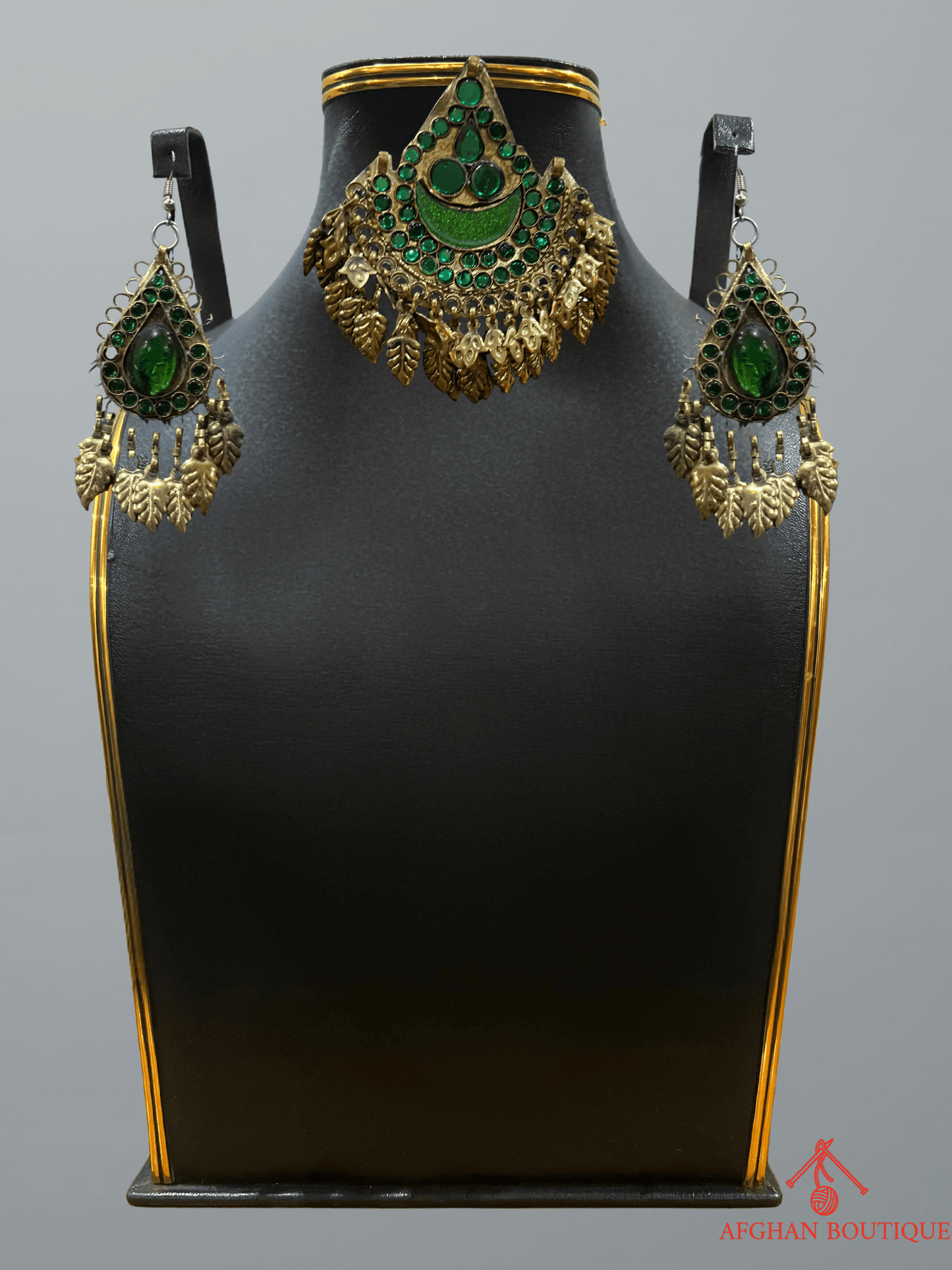 Deep emerald green handcrafted Afghani headpiece with earrings