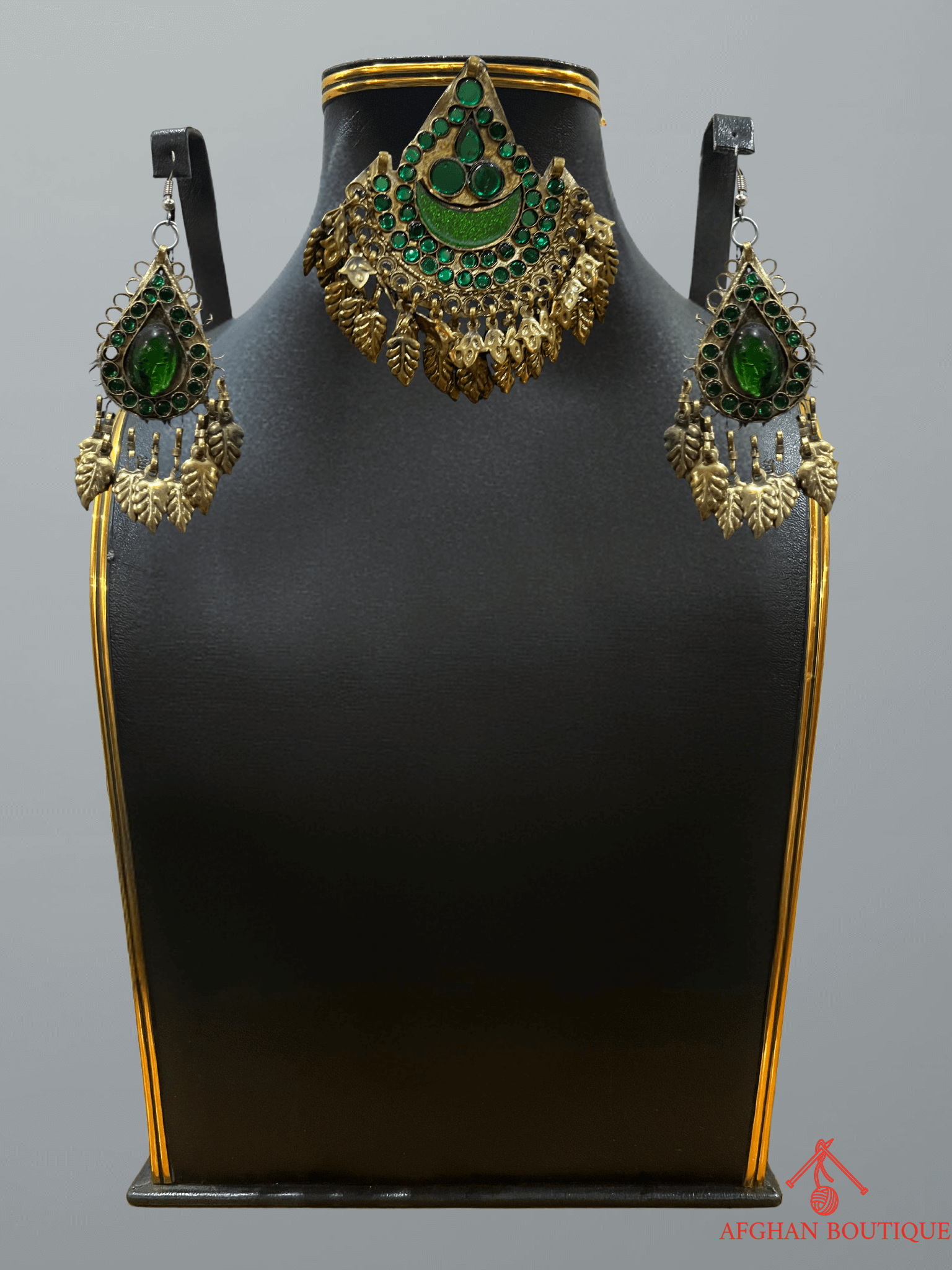 Deep emerald green handcrafted Afghani headpiece with earrings