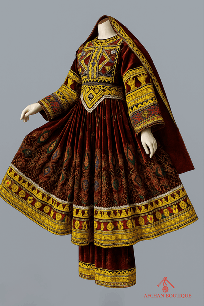 Left view of deep wine Afghani frock with fine embroidery craftsmanship
