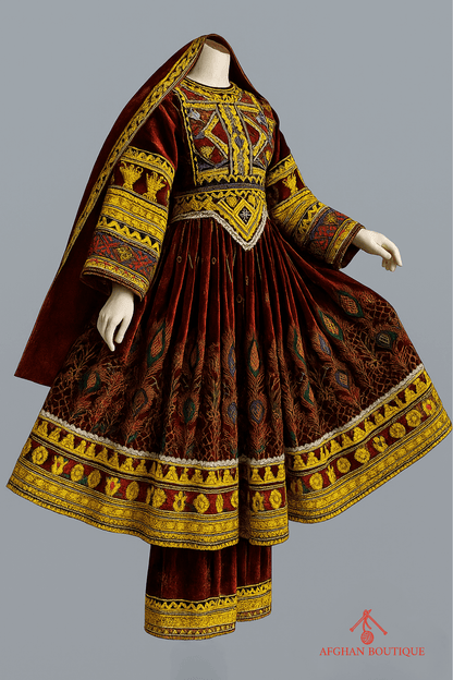 Right side of deep wine Afghani frock showcasing intricate traditional motifs
