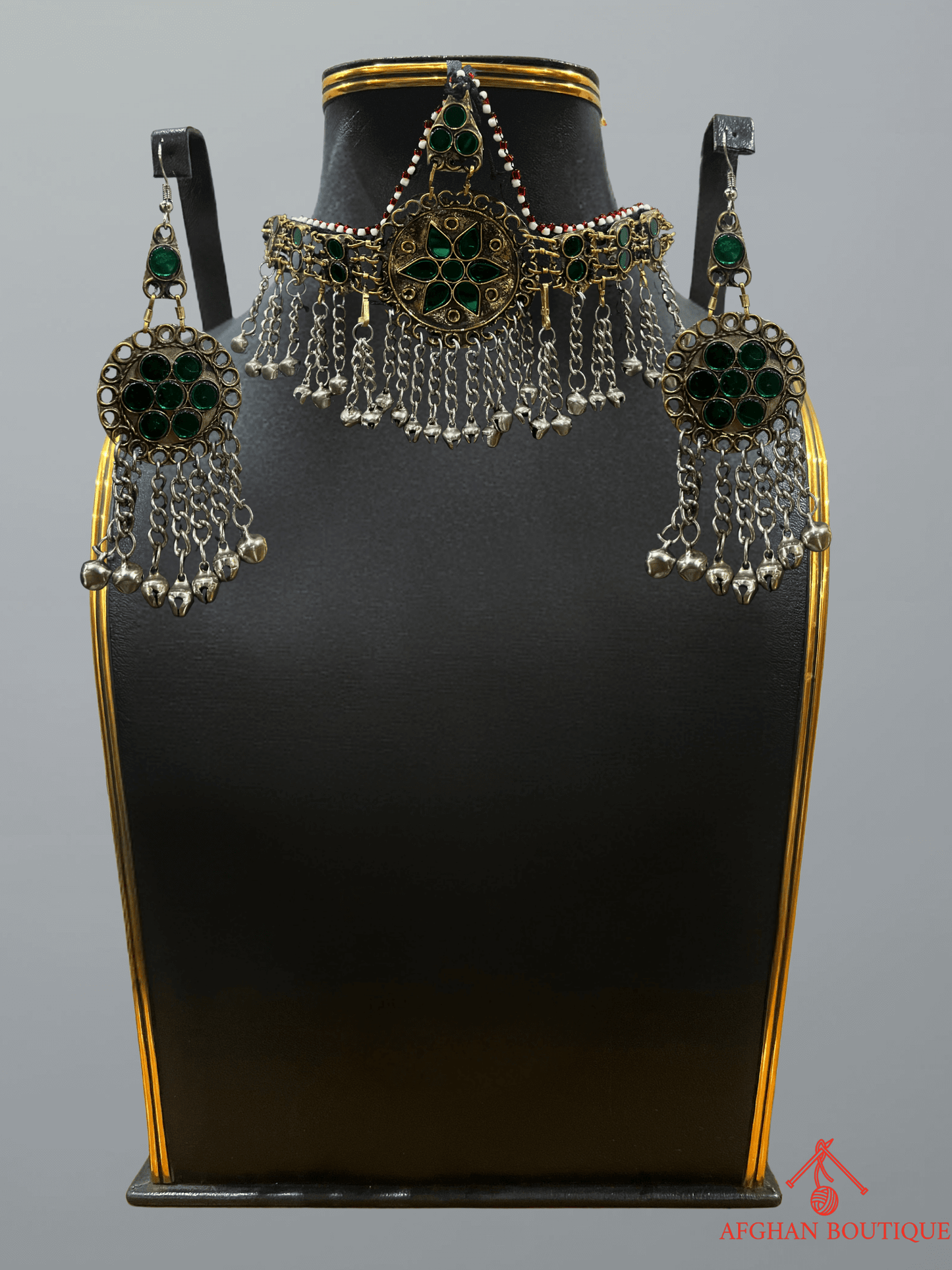Emerald green Afghani handcrafted headpiece and earrings set featuring intricate tribal patterns and ethnic artistry.