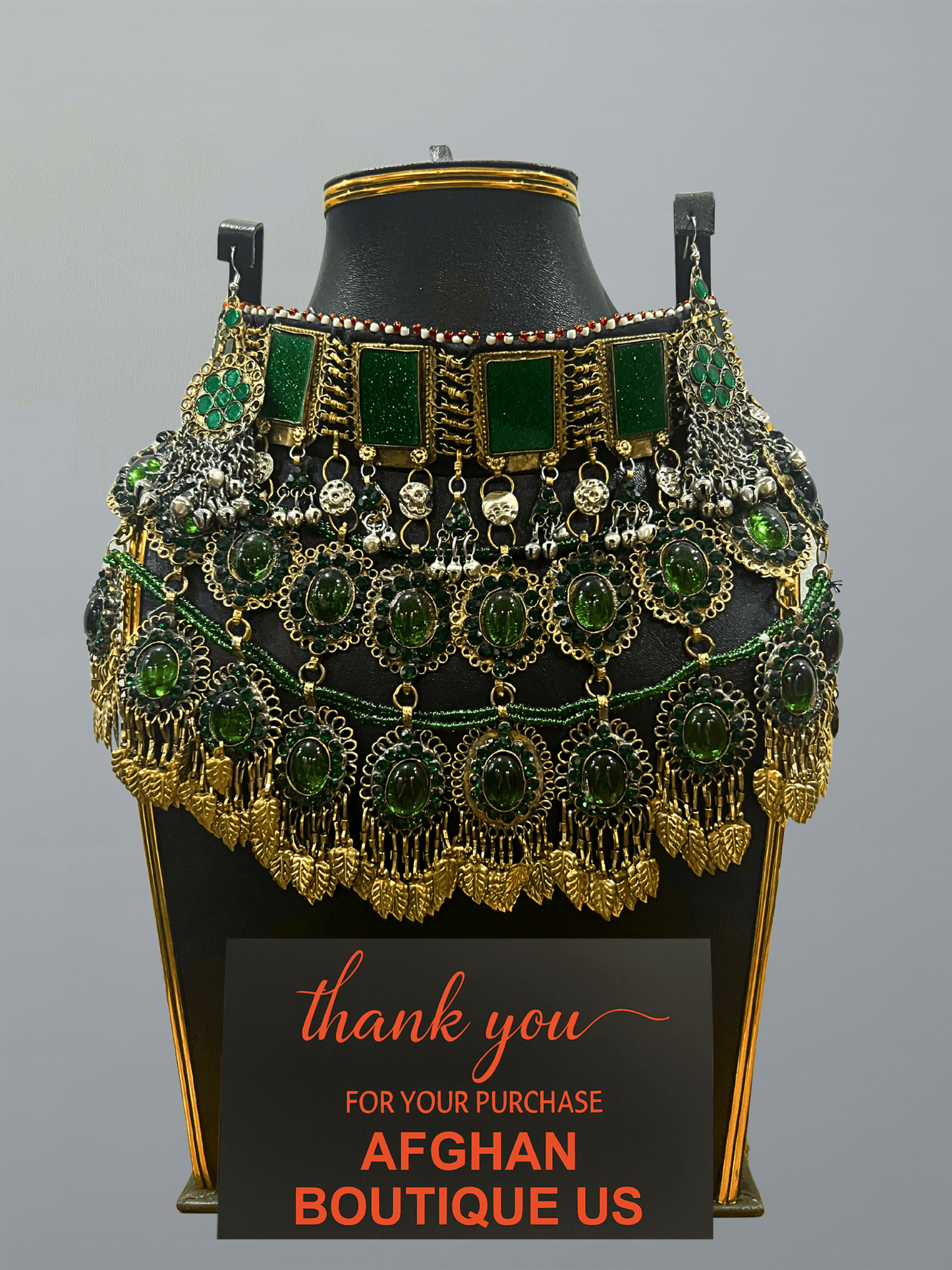 Emerald Green Afghani Jewelry Set for Women – Gold Accent Necklace & Earrings - Afghan.boutique.us