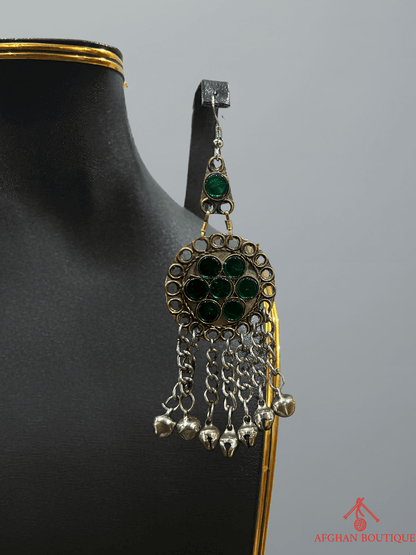 Left earring from emerald green Afghani handcrafted jewelry set, showcasing ethnic handmade detailing and traditional design.