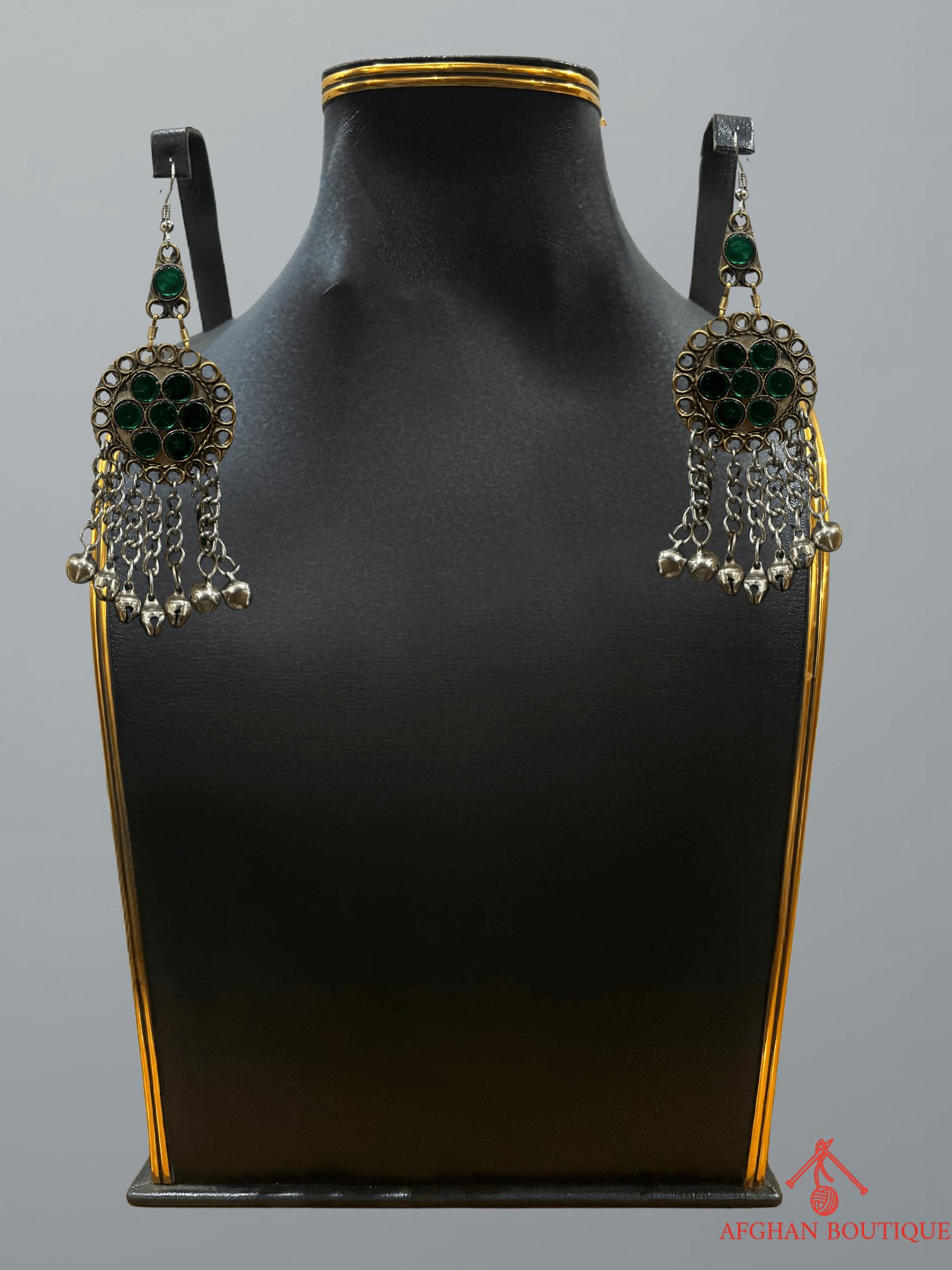 Pair of emerald green Afghani handcrafted earrings with tribal design and ethnic handmade detailing for women.