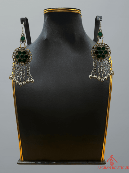 Pair of emerald green Afghani handcrafted earrings with tribal design and ethnic handmade detailing for women.