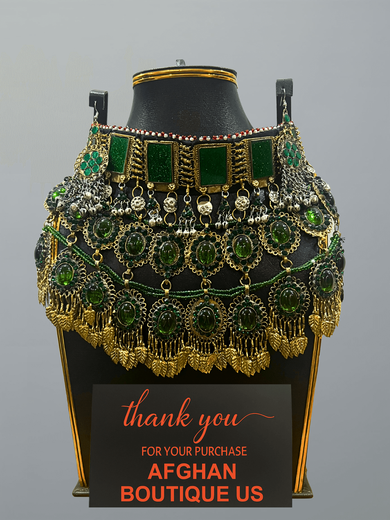 Complete emerald green traditional Afghani handcrafted jewelry set including necklace, earrings, and headpiece — ethnic handmade artistry.