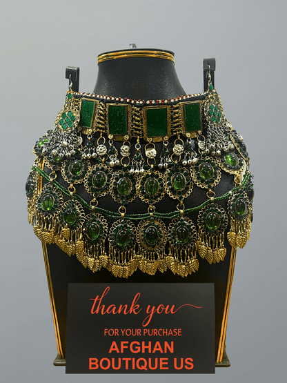 Complete emerald green traditional Afghani handcrafted jewelry set including necklace, earrings, and headpiece — ethnic handmade artistry.