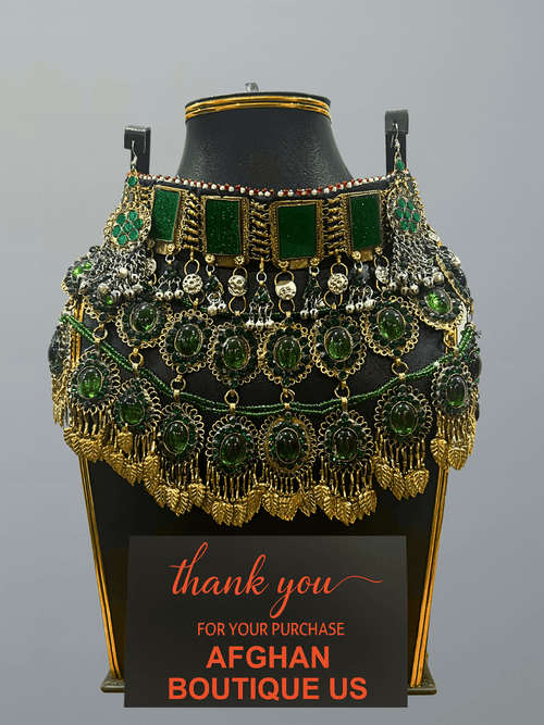 Complete emerald green traditional Afghani handcrafted jewelry set including necklace, earrings, and headpiece — ethnic handmade artistry.