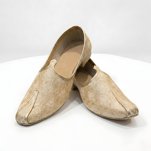Gold embroidered khussa shoes angled pair traditional handmade jutti formal footwear for men