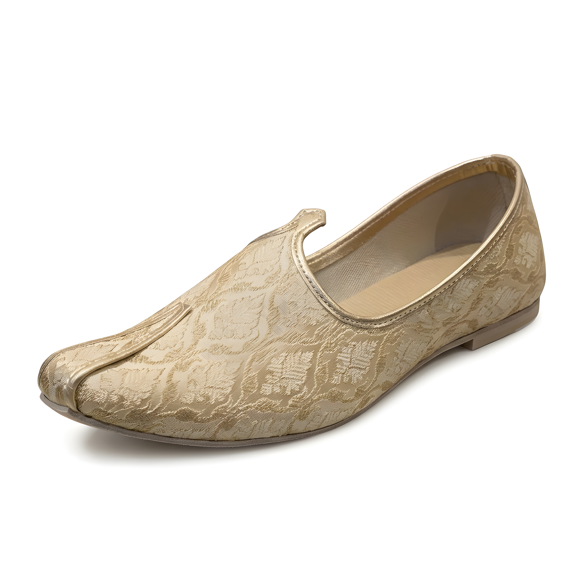Gold embroidered khussa shoe side view single traditional handmade formal jutti footwear