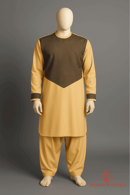 Golden Afghani Kurta for Men – Traditional Afghan Kurta Pajama - Afghan.boutique.us
