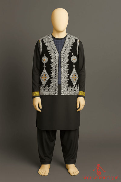 Classic green Afghani waistcoat with fine silver embroidery for men