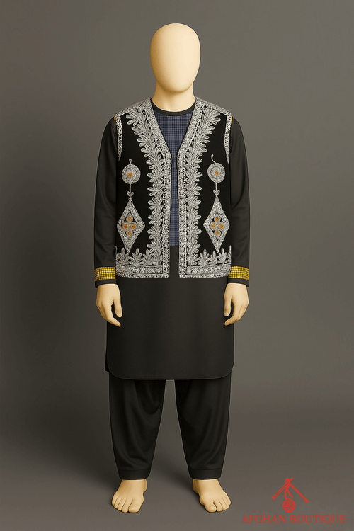 Classic green Afghani waistcoat with fine silver embroidery for men