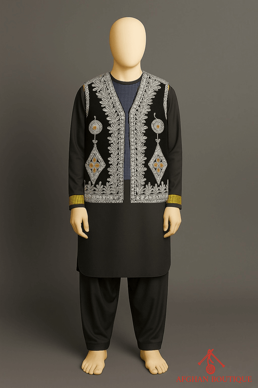 Classic green Afghani waistcoat with fine silver embroidery for men