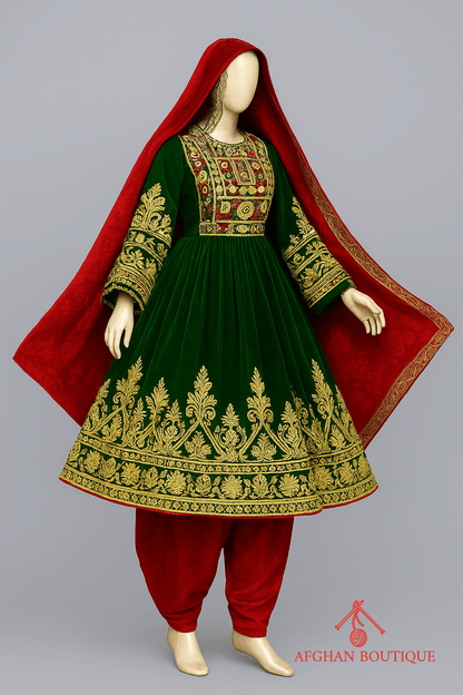 Green & Red Afghani Frock for Women – Golden Embroidered Festive Dress - Afghan.boutique.us