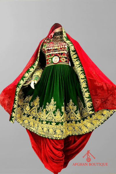Front view of green and red Afghani frock with golden embroidery work
