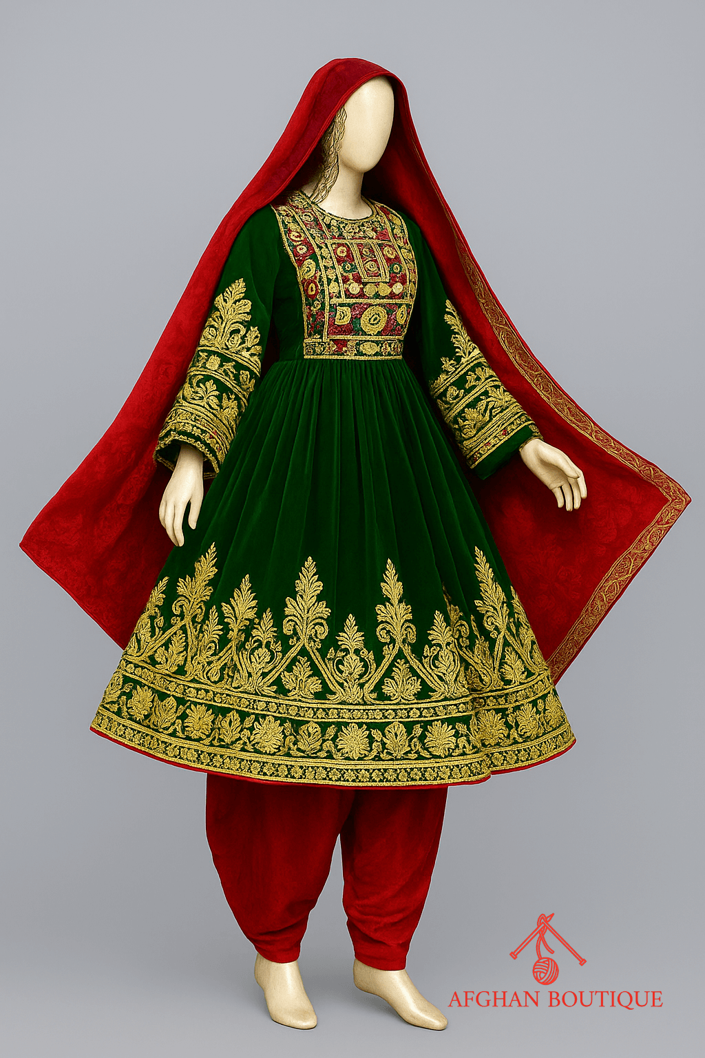 Right angle of green and red Afghani frock showing ethnic stitching pattern
